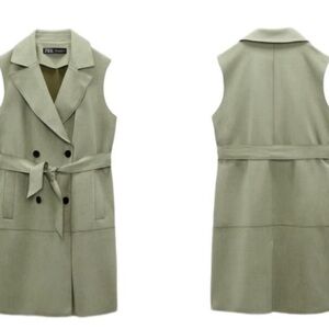 Zara belted faux suede sleeveless double breasted vest jacket dusty green XS